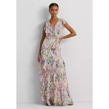 Womens Floral Ruffle-Trim Georgette Gown