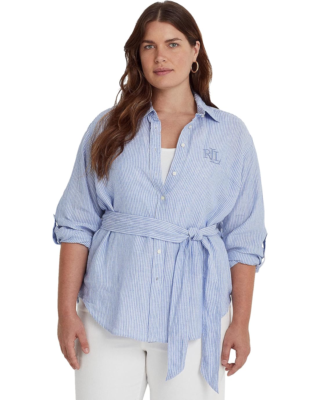 LAUREN Ralph Lauren Plus Size Striped Logo Linen Shirt