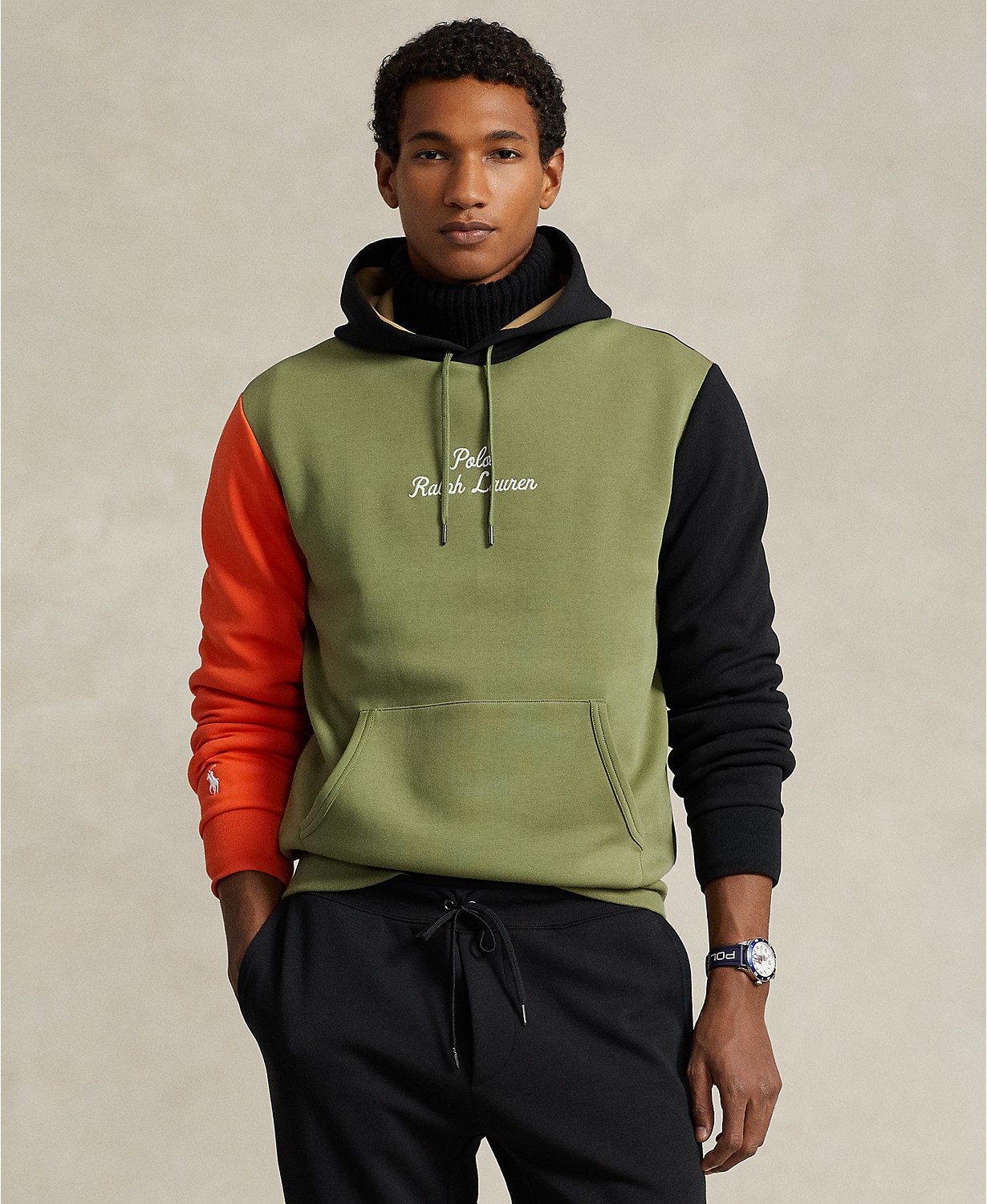 Mens Color-Blocked Logo Double-Knit Hoodie