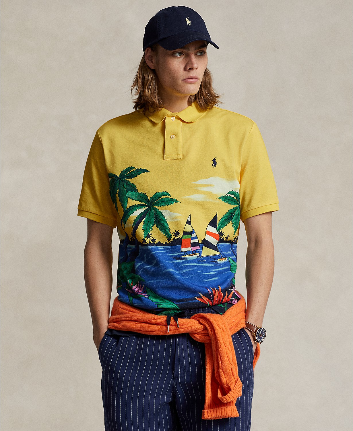 Mens Classic-Fit Tropical Mesh Polo Shirt