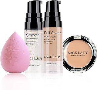 SACE LADY Waterproof Full Coverage Concealer With Primer Sponge Set, Smooth Matte Flawless Creamy Liquid Foundation Corrector Makeup Kit for Face Eye Dark Circles Spot Acne Scar Cover (Natur
