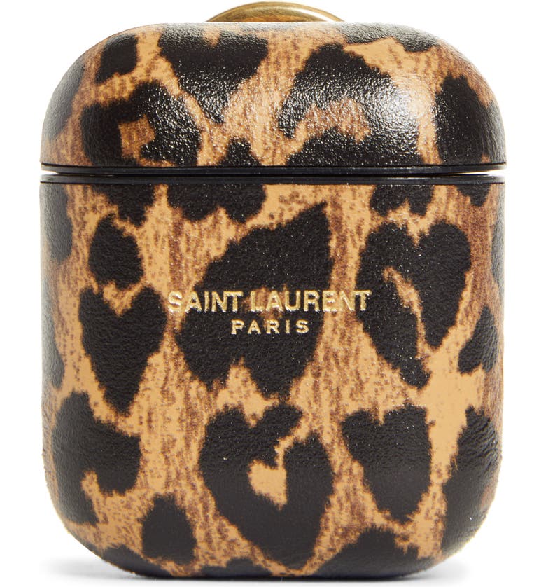 Saint Laurent Leopard Heart Print Leather AirPods Case_TOFFE/M.NAT/BLK MATT