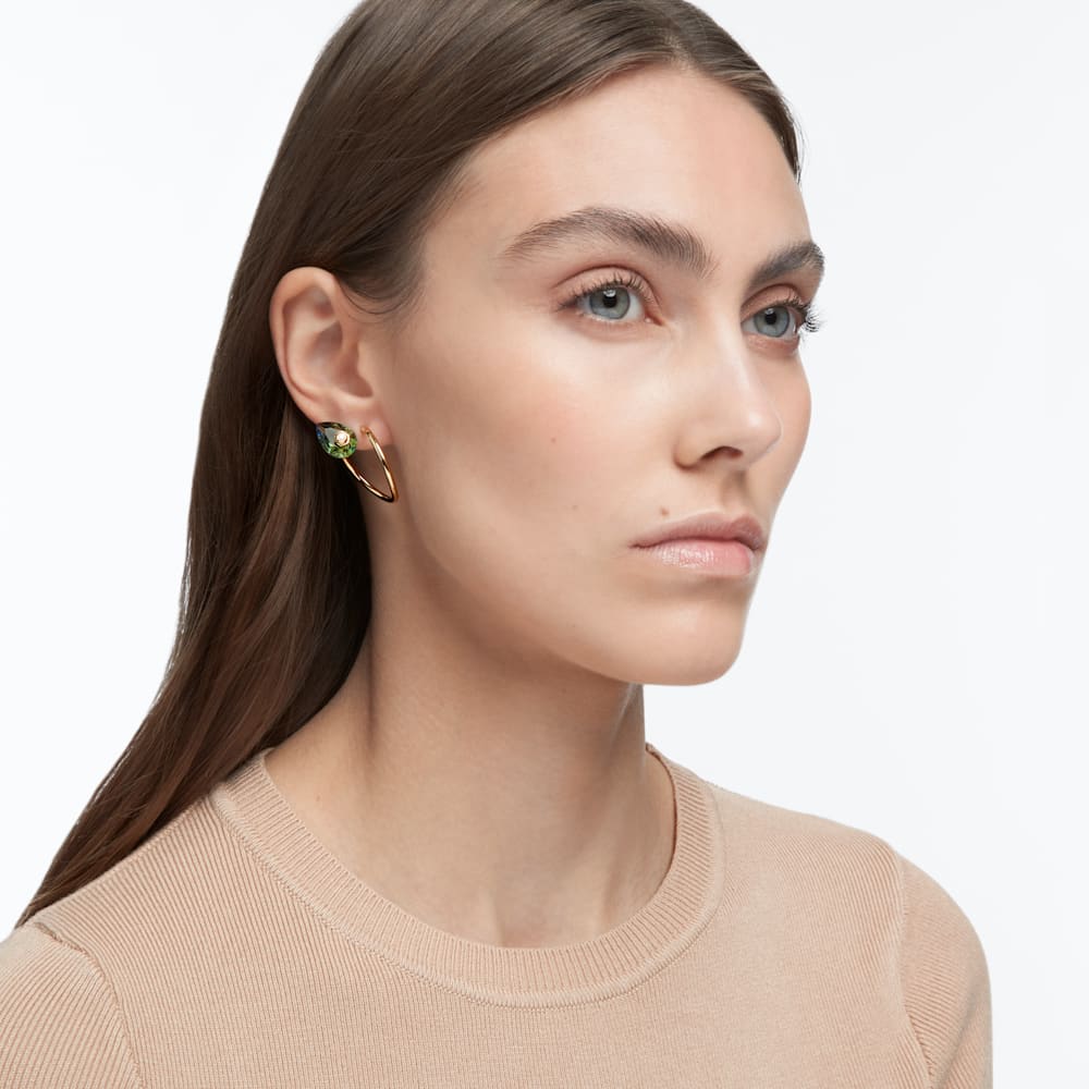 Swarovski Numina drop earrings, Asymmetrical design, Mixed cuts, Green, Gold-tone plated