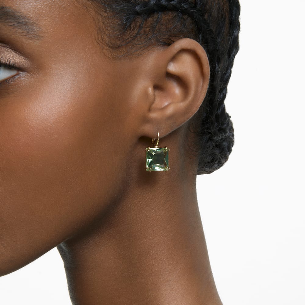 Swarovski Millenia drop earrings, Square cut, Green, Gold-tone plated