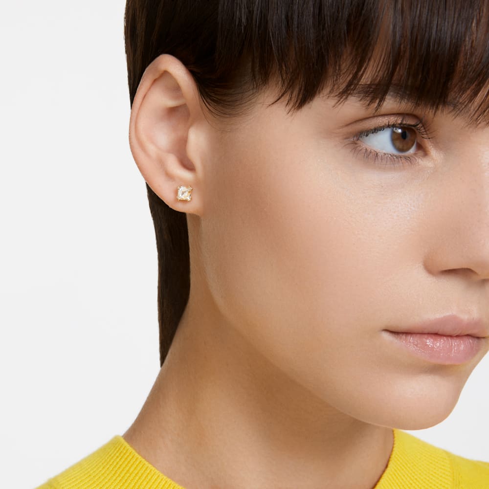 Swarovski Stilla stud earrings, Square cut, Yellow, Gold-tone plated