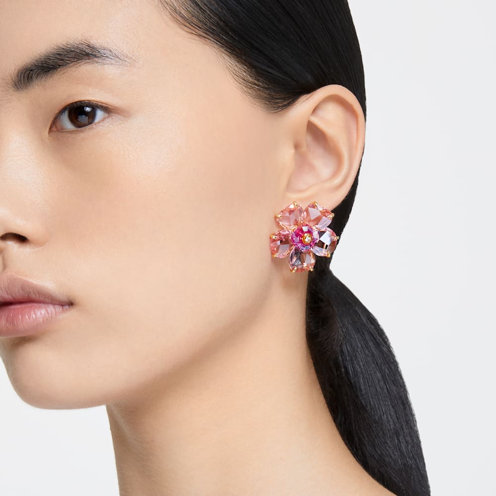 Swarovski Florere stud earrings, Flower, Pink, Gold-tone plated