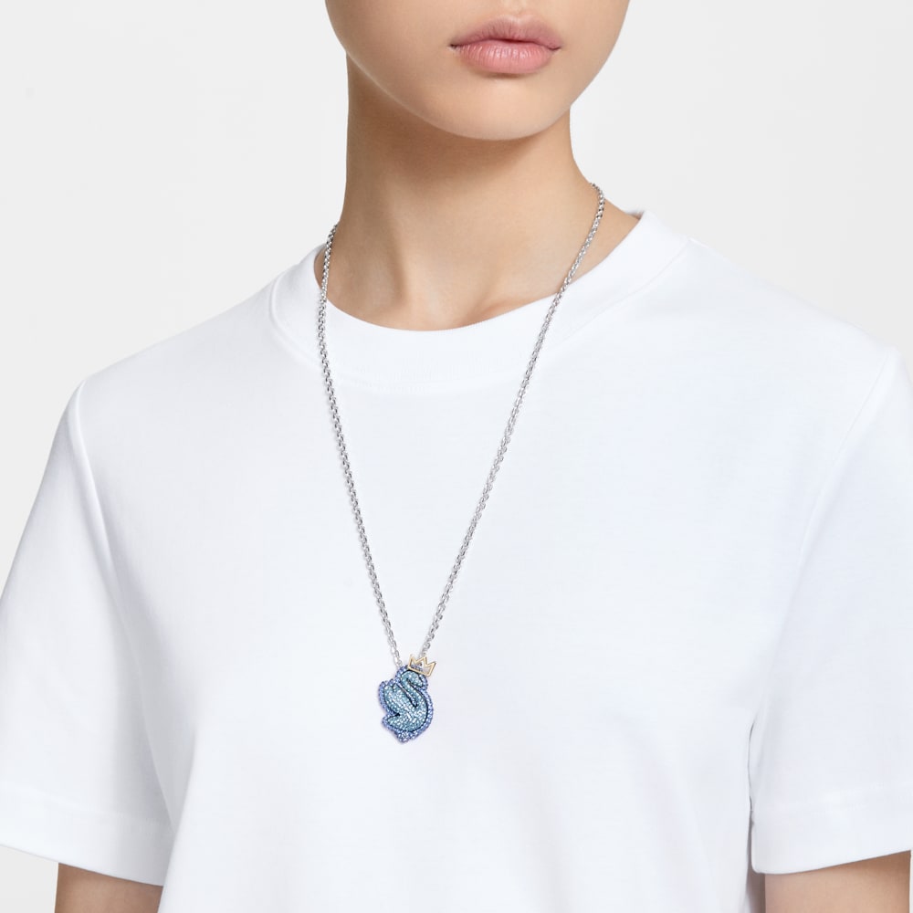 Swarovski Pop Swan pendant, Swan, Long, Blue, Rhodium plated