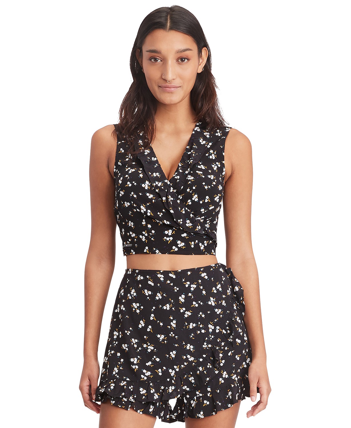Womens Floral-Print Cropped Ruffled Top