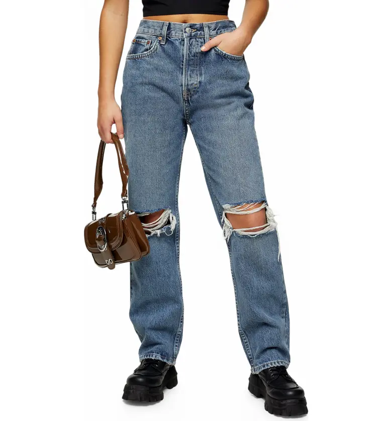 Topshop Double Ripped Knee Nonstretch Dad Jeans_MID DENIM