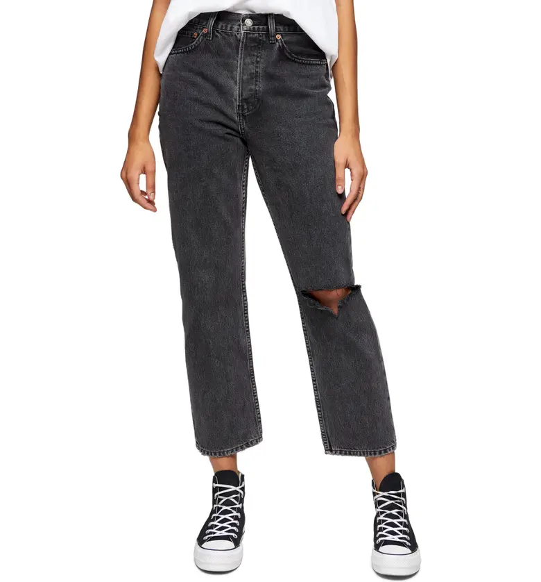 Topshop Chicago Ripped Knee High Waist Dad Jeans_WASHED BLACK