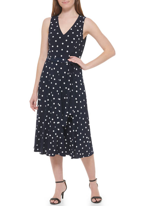 Womens Sleeveless V-Neck Dot Print Fit and Flare Dress