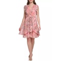 Womens Short Sleeve Ruffle Floral Fit and Flare Dress