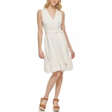 Womens Sleeveless V-Neck Tie Waist Fit and Flare Dress