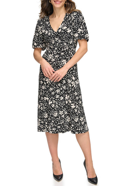 Womens Puff Sleeve V-Neck Floral Fit and Flare Dress