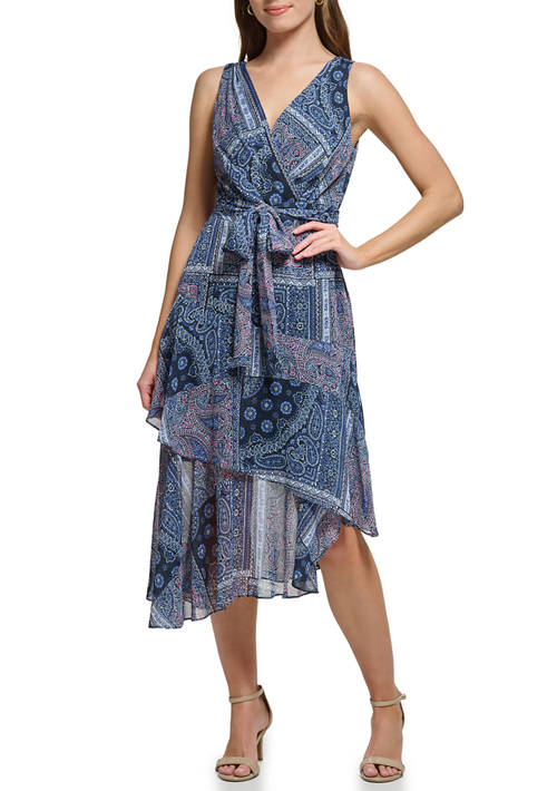 Womens Sleeveless V-Neck Patchwork Chiffon Fit and Flare Dress