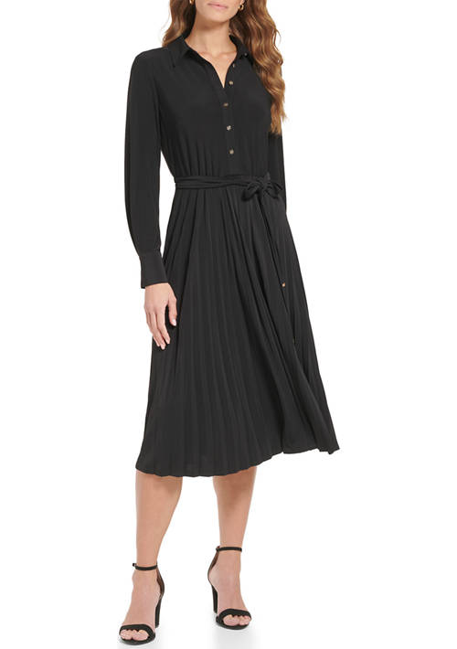 Womens Long Sleeve Button Down Solid Fit and Flare Dress