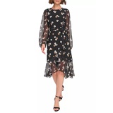 Womens Blouson Sleeve Floral Chiffon Fit and Flare Dress