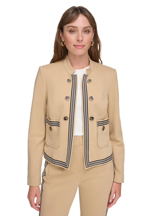 Open Front Knit Jacket with Strip Trim