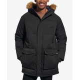 Mens Long Quilted Parka with Removable Faux-Fur Trim