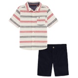 Toddler Boys Prewashed Multi Stripe Short Sleeve Shirt and Twill Shorts 2 Piece Set
