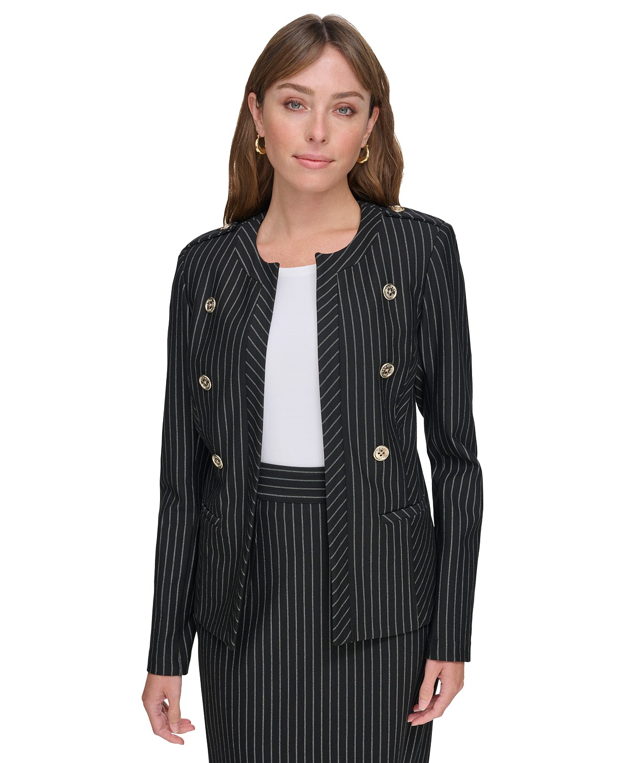 Womens Striped Band-Collar Jacket