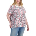 Plus Size Ditsy-Floral Printed Polo Top