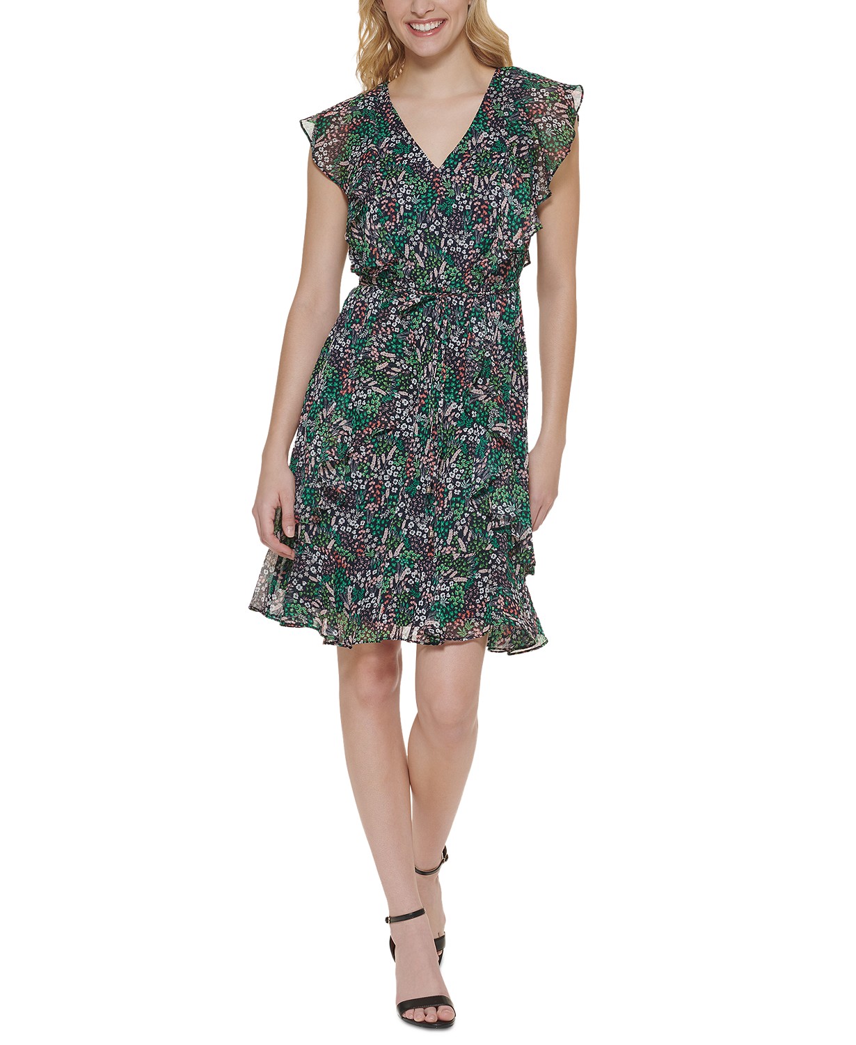 Womens Ruffled Floral Print Fit & Flare Dress