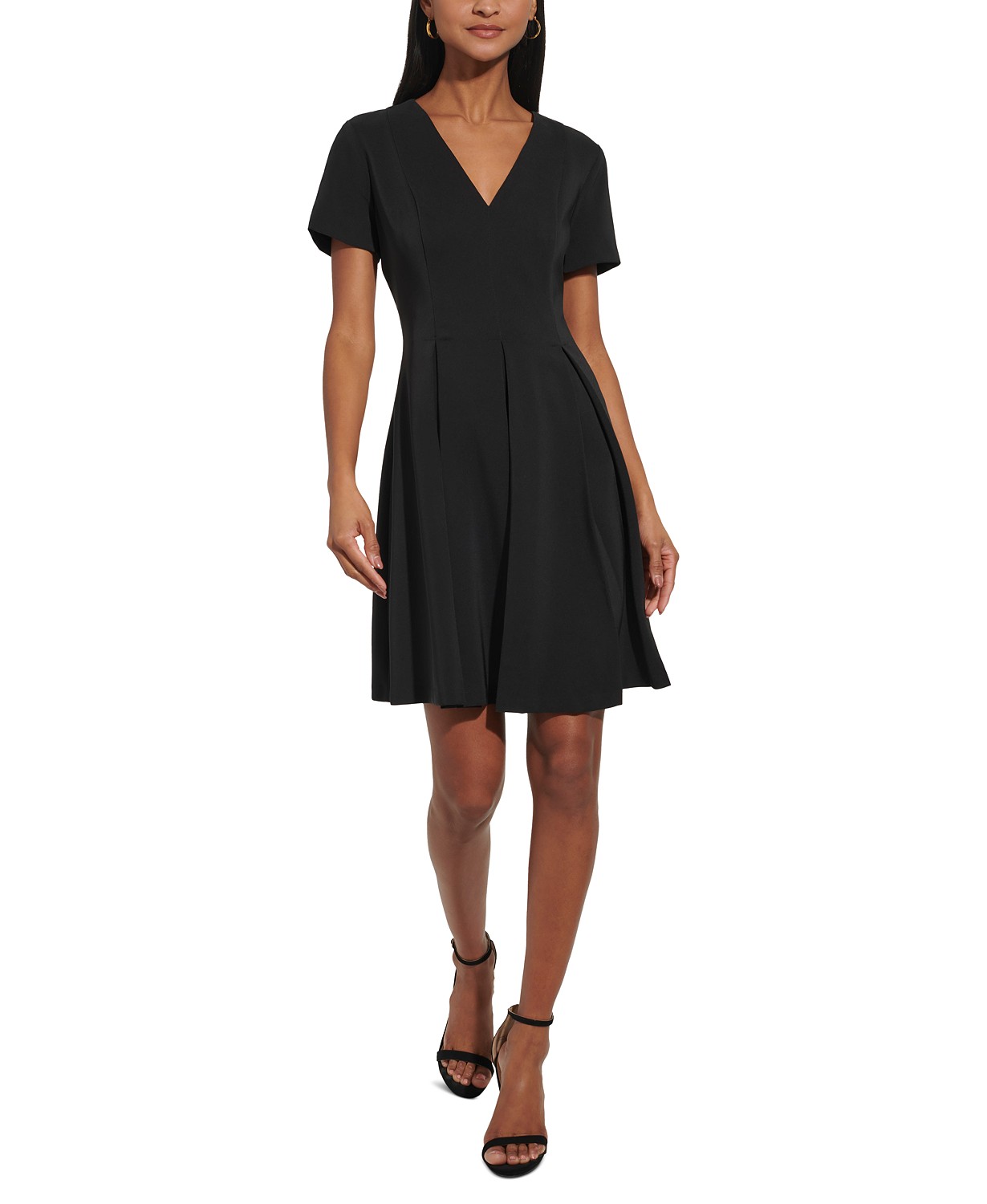 Petite V-Neck Pleated Fit & Flare Dress