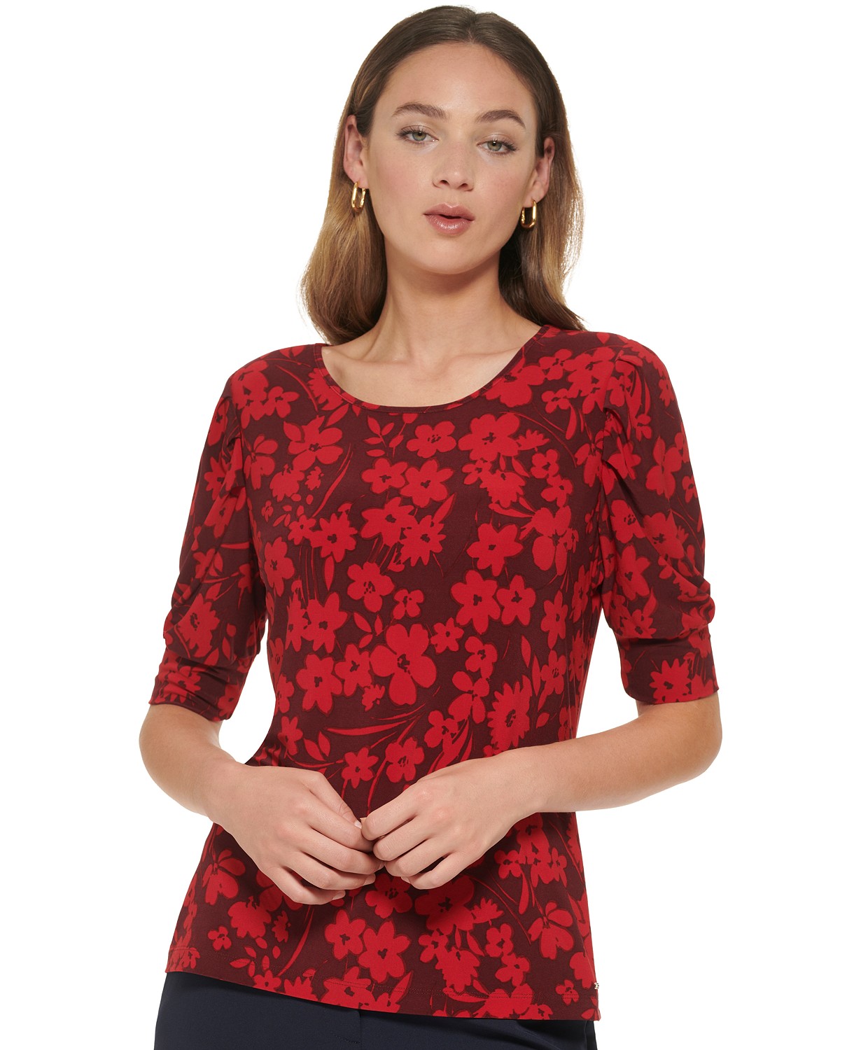 Womens Floral Print Puff-Sleeve Top