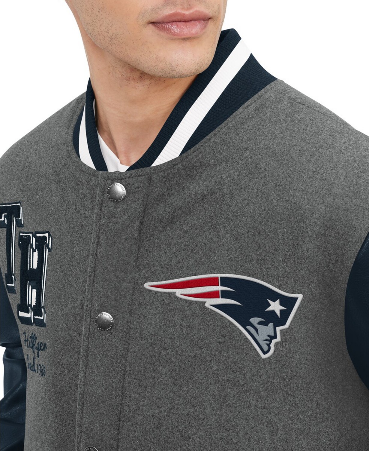 타미힐피거 Mens Heather Gray Navy New England Patriots Gunner Full-Zip Varsity Jacket