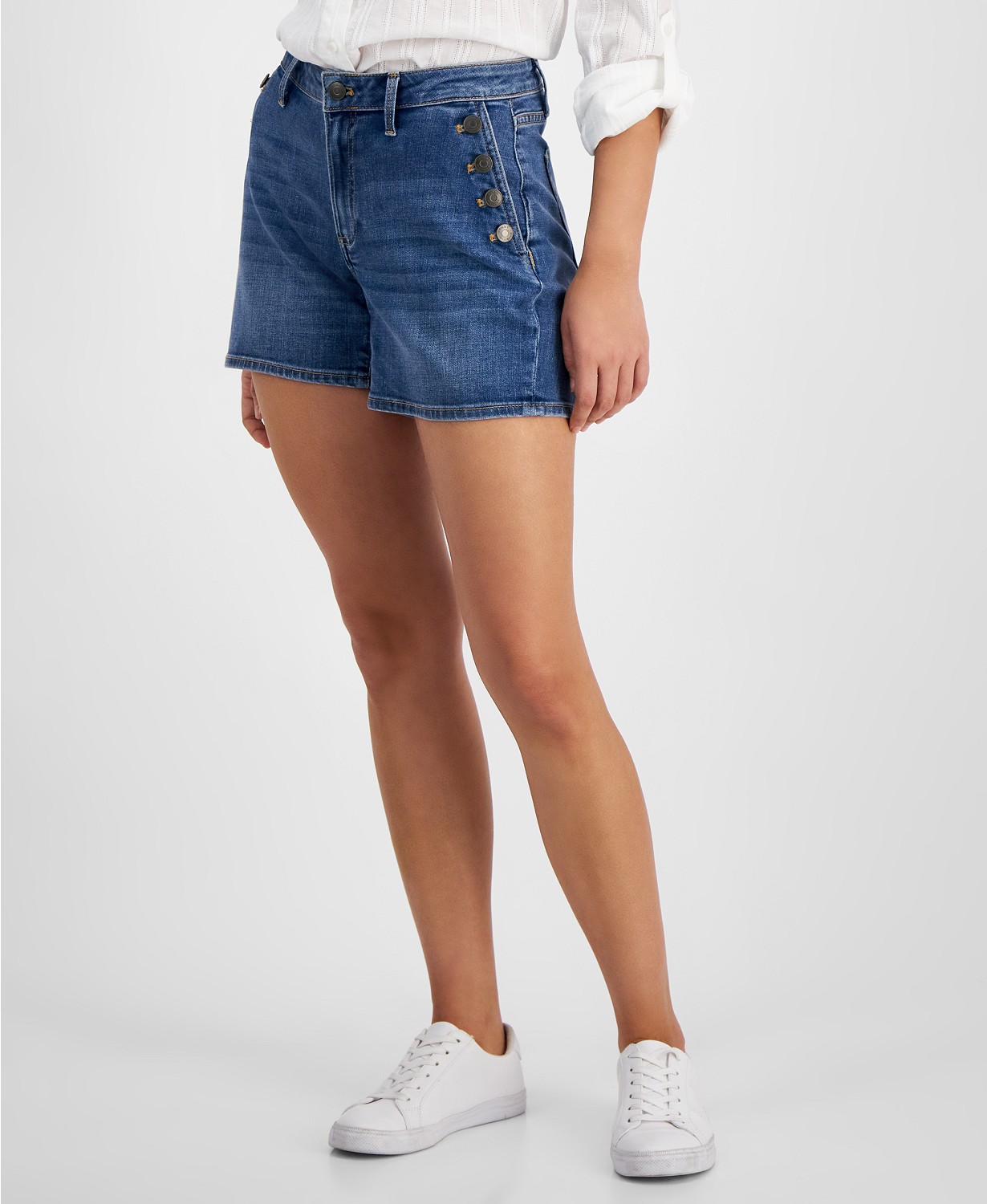 타미힐피거 Womens Greenwich Buttoned-Pocket Denim Sailor Shorts