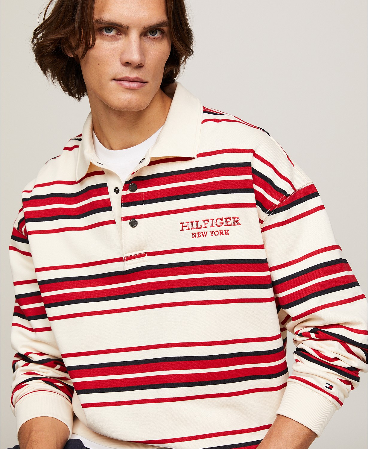 타미힐피거 Mens Monotype Logo Striped Long Sleeve Rugby Shirt