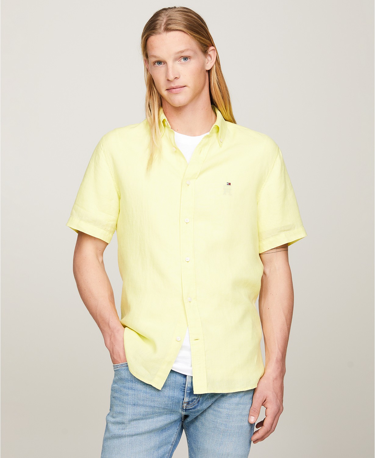 타미힐피거 Mens Regular-Fit Linen Short-Sleeve Shirt