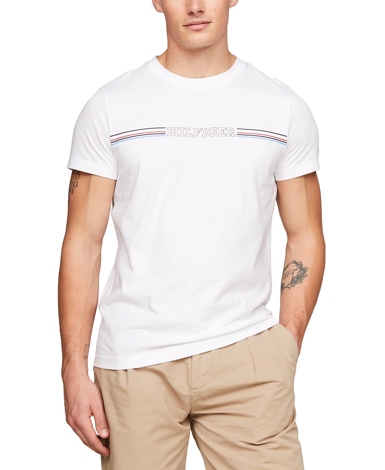 타미힐피거 Mens Slim-Fit Stripe Logo T-Shirt