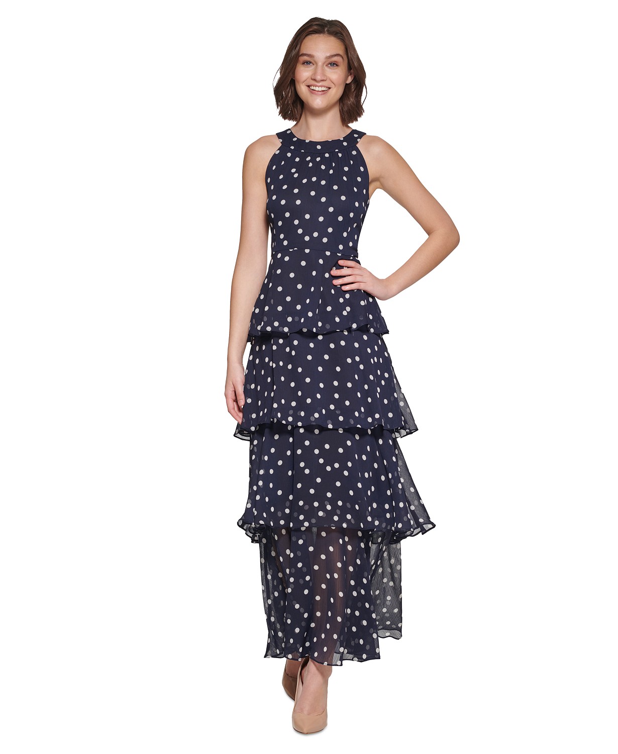 Womens Dot-Print Tiered Maxi Dress