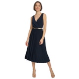 Womens Pleated Belted Midi Dress