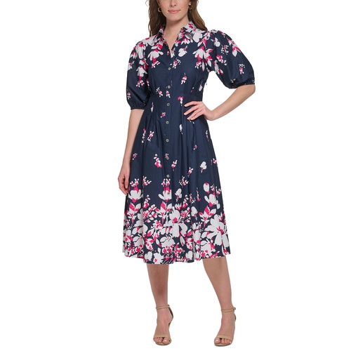 타미힐피거 Womens Cotton Puff-Sleeve Floral Midi Dress