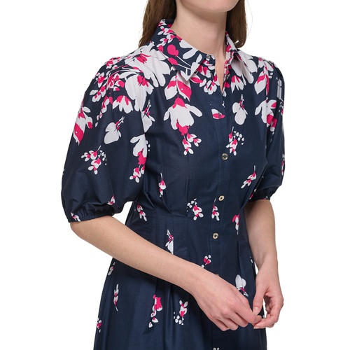 타미힐피거 Womens Cotton Puff-Sleeve Floral Midi Dress