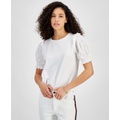 Womens Round-Neck Contrast-Sleeve Top