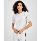 Womens Round-Neck Contrast-Sleeve Top