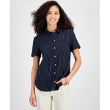 Womens Striped Linen-Blend Short-Sleeve Button-Front Shirt