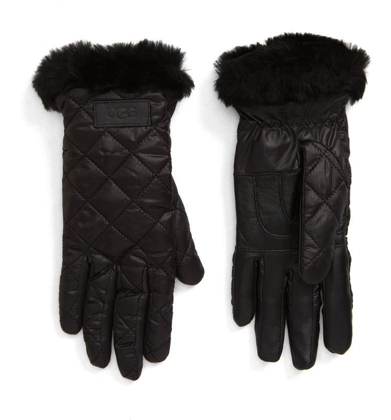 UGG All Weather Touchscreen Compatible Quilted Gloves with Genuine Shearilng Trim_BLACK
