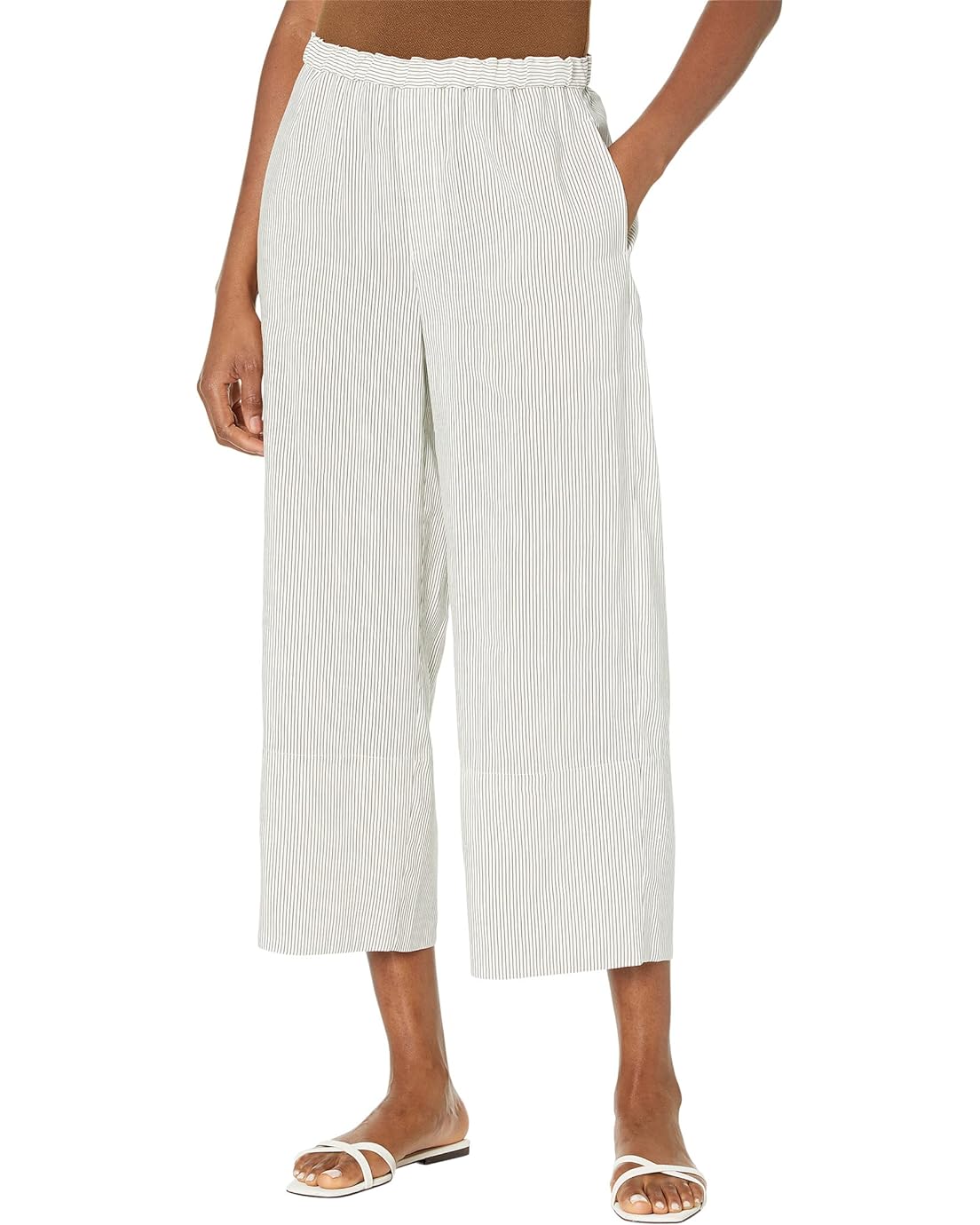 Vince Striped Rayon Linen Pull-On Cropped Pants