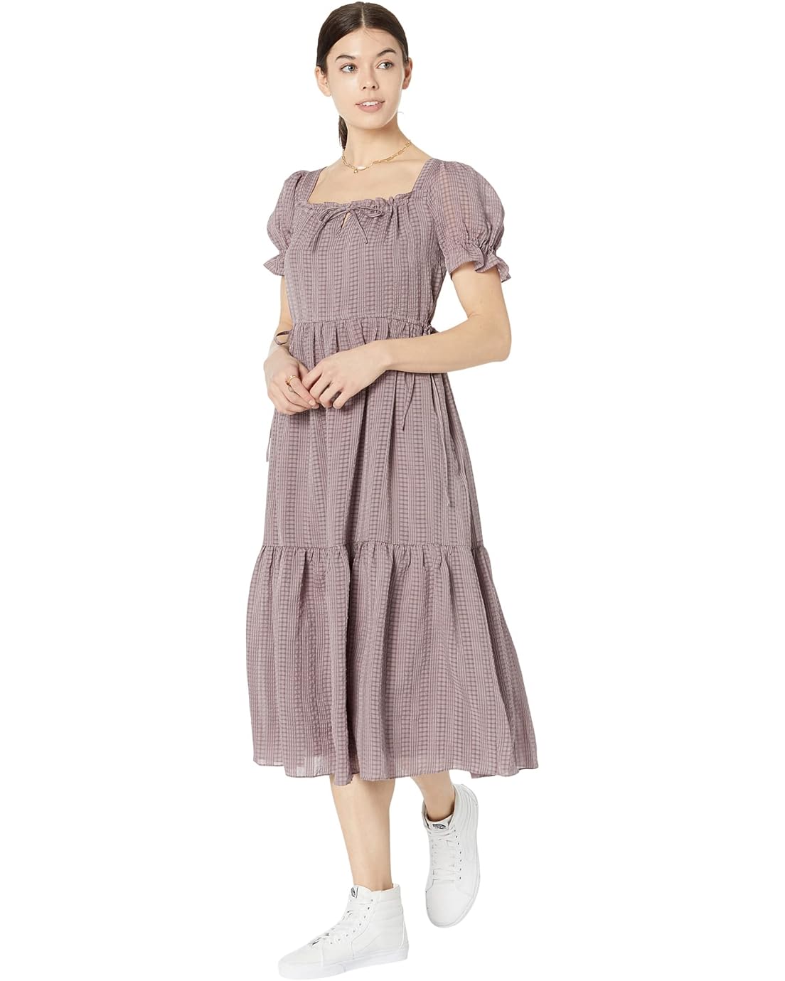 Madewell Square-Neck Tiered Midi Dress in Textured Seersucker