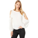 1.STATE Ruffle Long Sleeve Crew Neck Pleat Detail Top