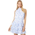 1.STATE Short Sleeve Printed Smocked Neck Dress with Ruffle Tiered Skirt