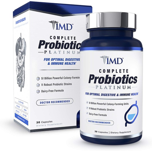  1MD Nutrition Complete Probiotics Platinum Prebiotics and Probiotics for Men & Women - Probiotic Supplement for Digestion w/ More Than 50 Billion Live CFU 11 Strains Dairy-Free - V
