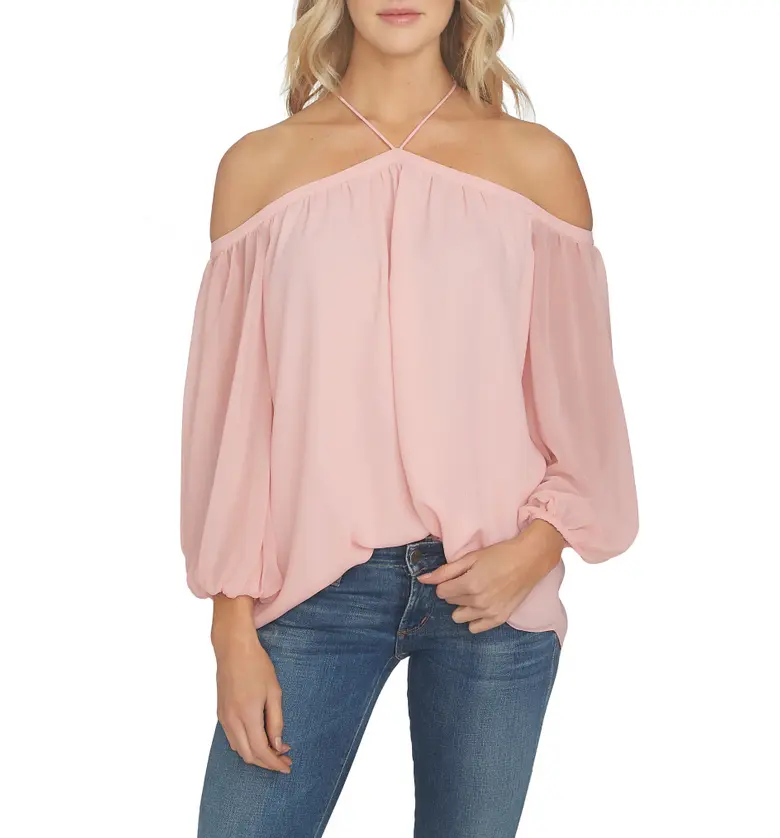 1STATE 1.STATE Off the Shoulder Sheer Chiffon Blouse_PINK TAFFETA