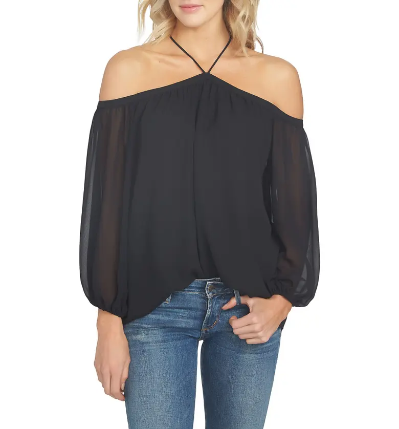 1STATE 1.STATE Off the Shoulder Sheer Chiffon Blouse_RICH BLACK