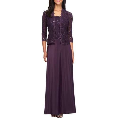  Alex Evenings Sequin Lace & Satin Gown with Jacket_EGGPLANT